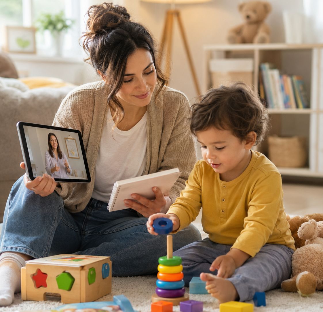 Madre viendo una clase en vivo en la tablet mientras su hijo juega en casa